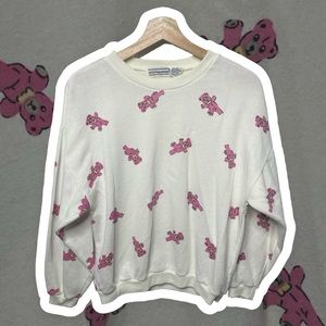 Pink Teddy Bear Vintage White Crewneck Lightweight Long Sleeve Sweater Small / S